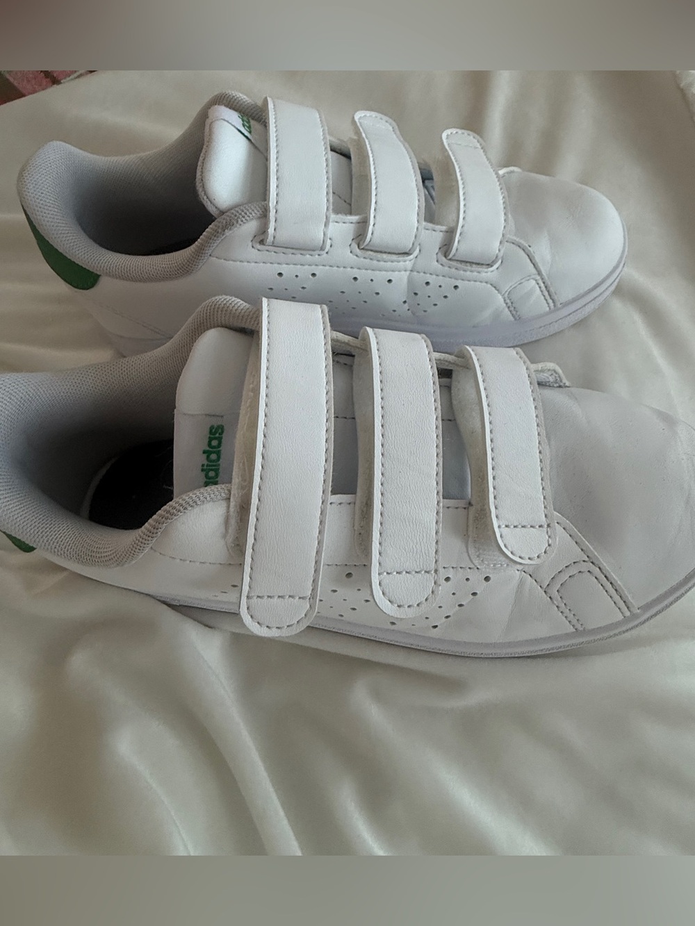 adidas White Kids Sneakers with Green Brand Accent - Velcro Straps